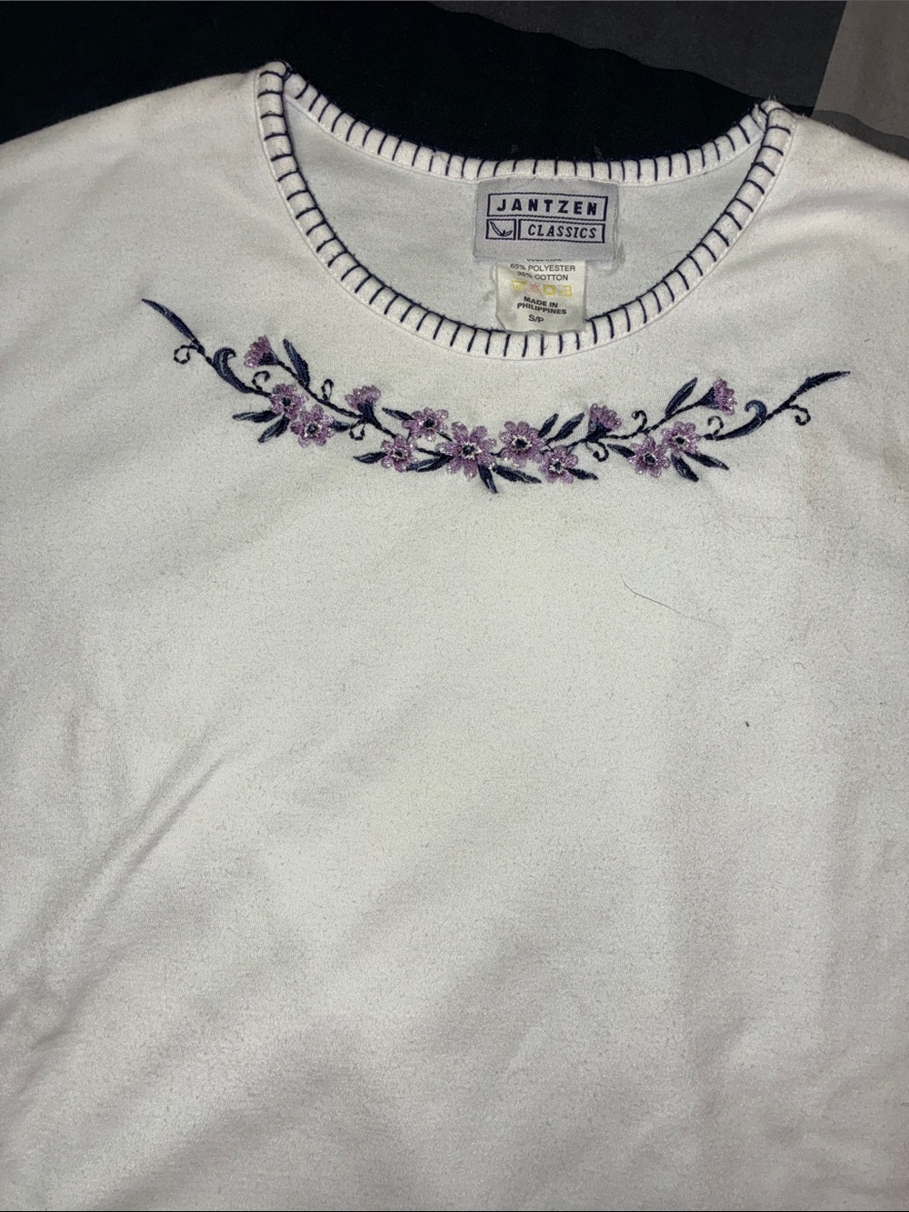 Vintage Jantzen Classics White Sweatshirt with Lavender Floral Embroidery